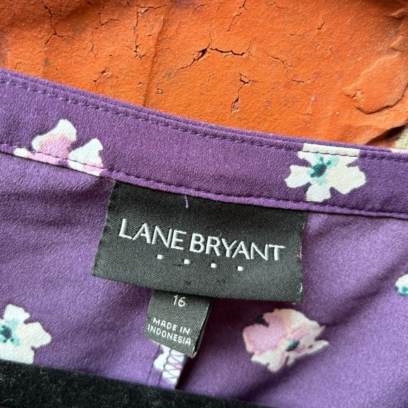 Lane Bryant 16 Purple Floral Sleeve Vneck Ruffle Long Roll Tab Career Blouse - Picture 6 of 10